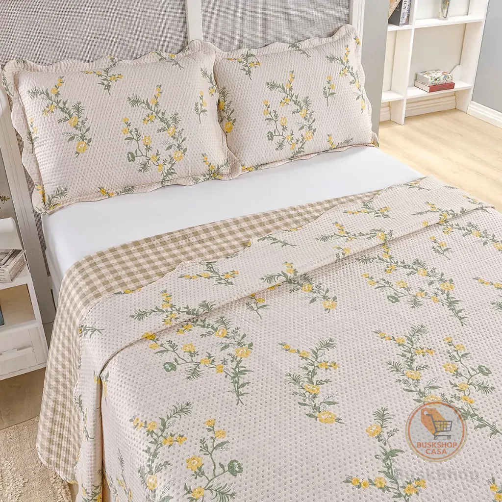 Kit Cobre Leito Colcha Casal Bouti 3 Peças Dupla Face Estampada Porta Travesseiro Aba Americana