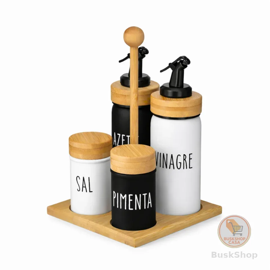 Galheteiro 5 Peças Com Suporte Bambu Saleiro Pimenteiro Doha