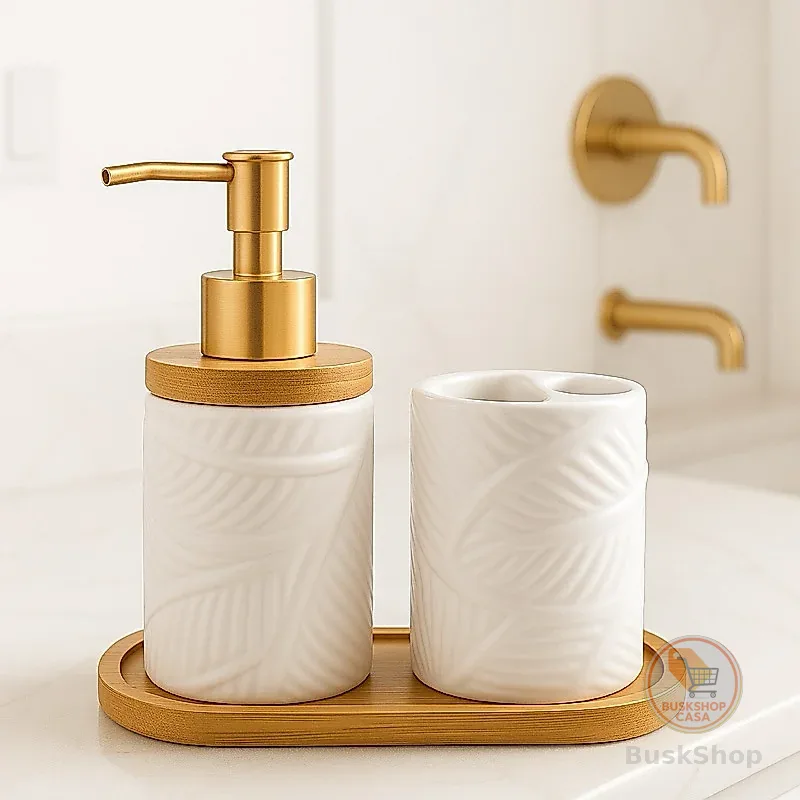 Kit Banheiro Lavabo Porta Sabonete Liquido Dispenser Porta Escova de Dente Cerâmica Luxo