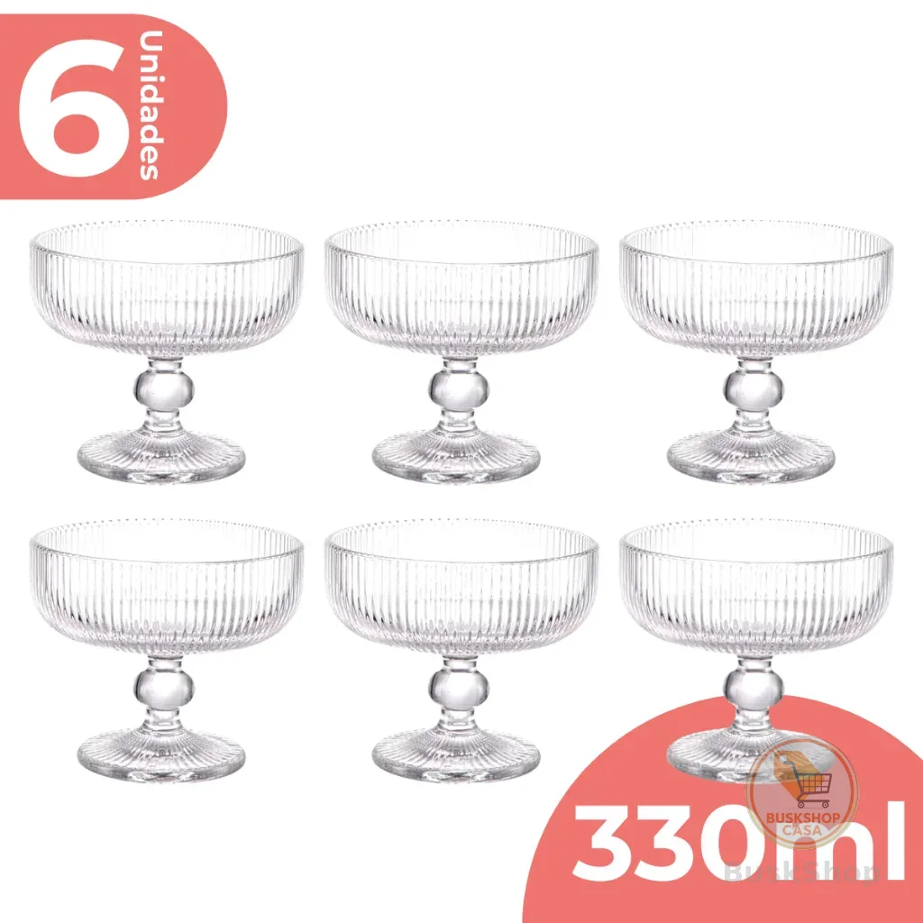 Jogo 6 Taça Sobremesa Vidro Sorvete Açai 330ml Canelado Luxo