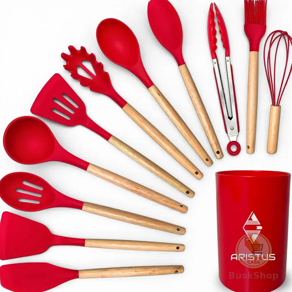 Kit 12 Utensílios De Cozinha Em Silicone Premium Com Cabo De Madeira Aristus Resistentes Ao Calor Até 220°c, Antiaderentes, Duráveis E Modernos Cor Vermelho
