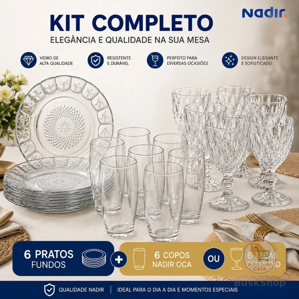 Kit 6 Copos ou Taças + 6 Pratos Fundos Vidro Resistente Jogo Mesa Cozinha