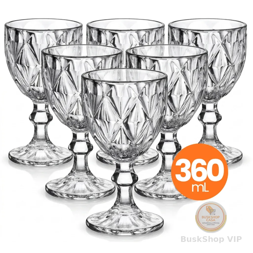 Jogo 6 Taças Vidro Diamond 360ml Conjunto Mesa Posta Água Suco Cozinha Decoração Presente