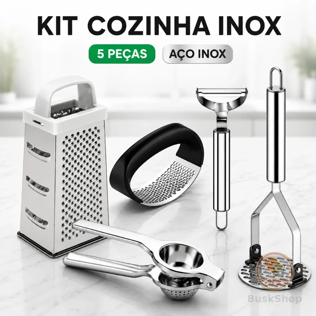 KIT 5 Peças Inox Cozinha | Amassador Batata e Alho, Descascador, Espremedor Limão e Ralador 4 Faces