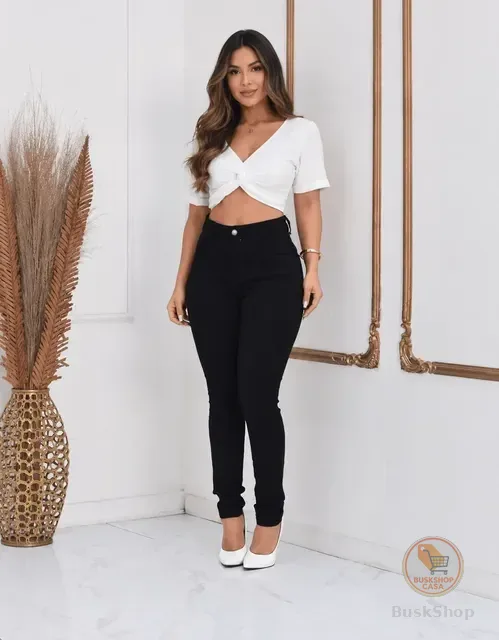 Calça Jeans Feminina Preta Skiny Cintura Alta Levanta Bumbum