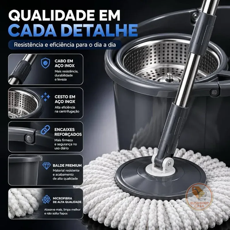 Mop Giratório Cesto Inox Cabo  Regulável 9 Litros Resistente