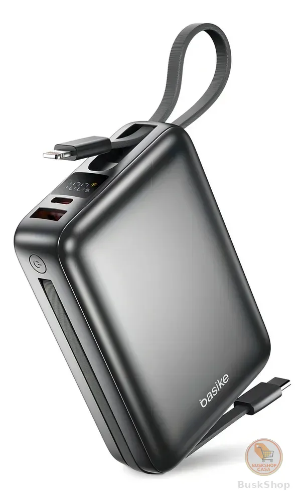 Carregador Portátil Power Bank Basike 20000mAh 22.5W Rápido Cabos Embutidos Tipo C iPhone Samsung
