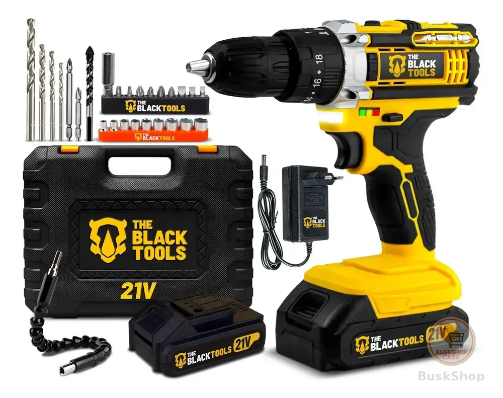Furadeira Parafusadeira De Impacto 21v Com 2 Baterias Velocidade Ajustável 3/8 10mm Maleta E Acessorios Profissional The Black Tools