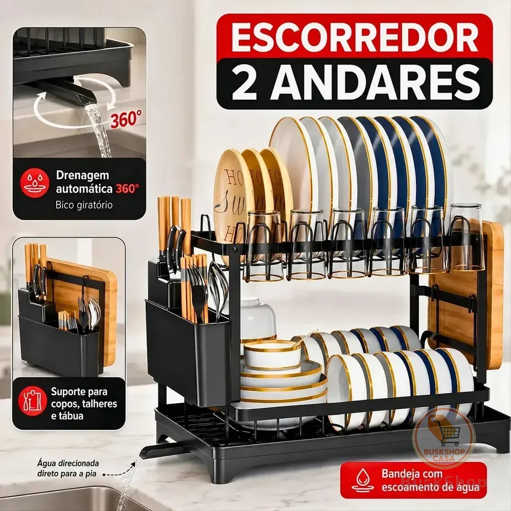 Escorredor De Louça Inoxidável 2 Andares Drenagem Automática Bandeja Grande 360º Organizador Pia Com Porta Pratos Tigelas Talheres Copos