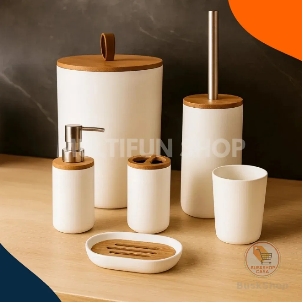 Kit Banheiro 4 e 6 Peças em Bambu e PP – Design Sofisticado para Banheiros Organizados