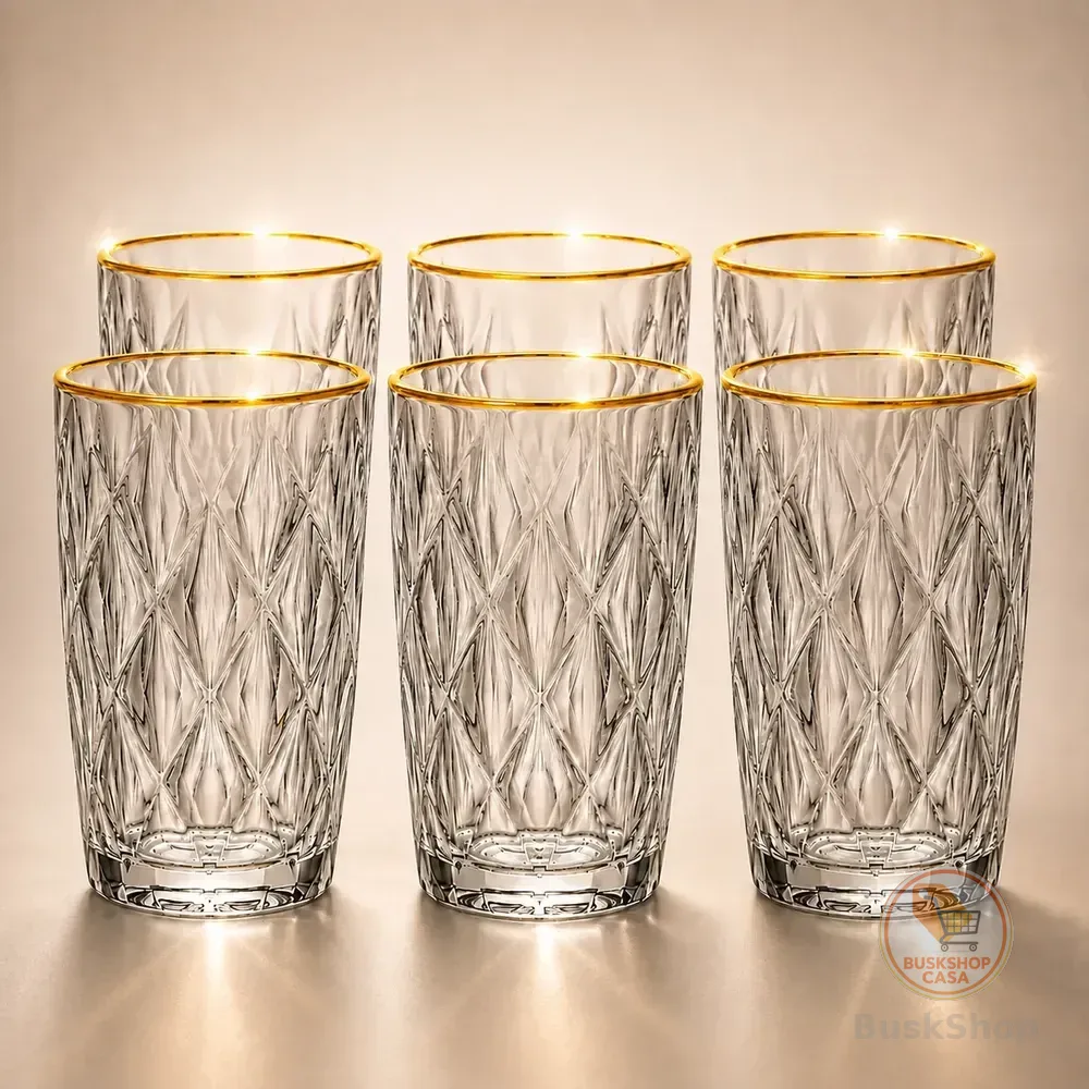 Copo Diamond Vidro Premium 370ml Borda Dourada Cristal Transparente