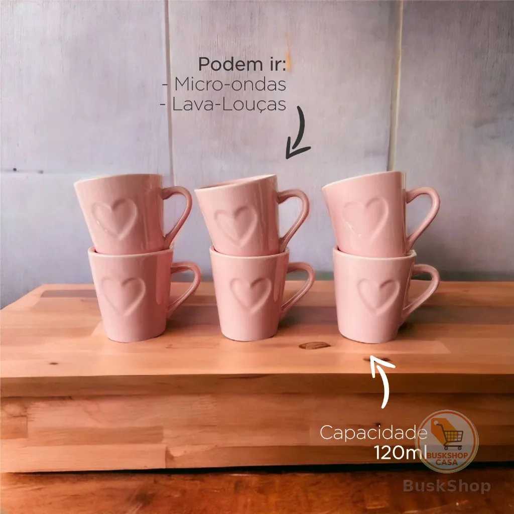 Kit 6 Canecas Xicaras Café Porcelana 120ml  Coração Relevo Rosa