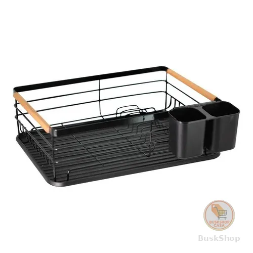 Escorredor De Bancada Para Pratos Em Ferro E Madeira 42x30cm Rack Preto Escorredor Organizador