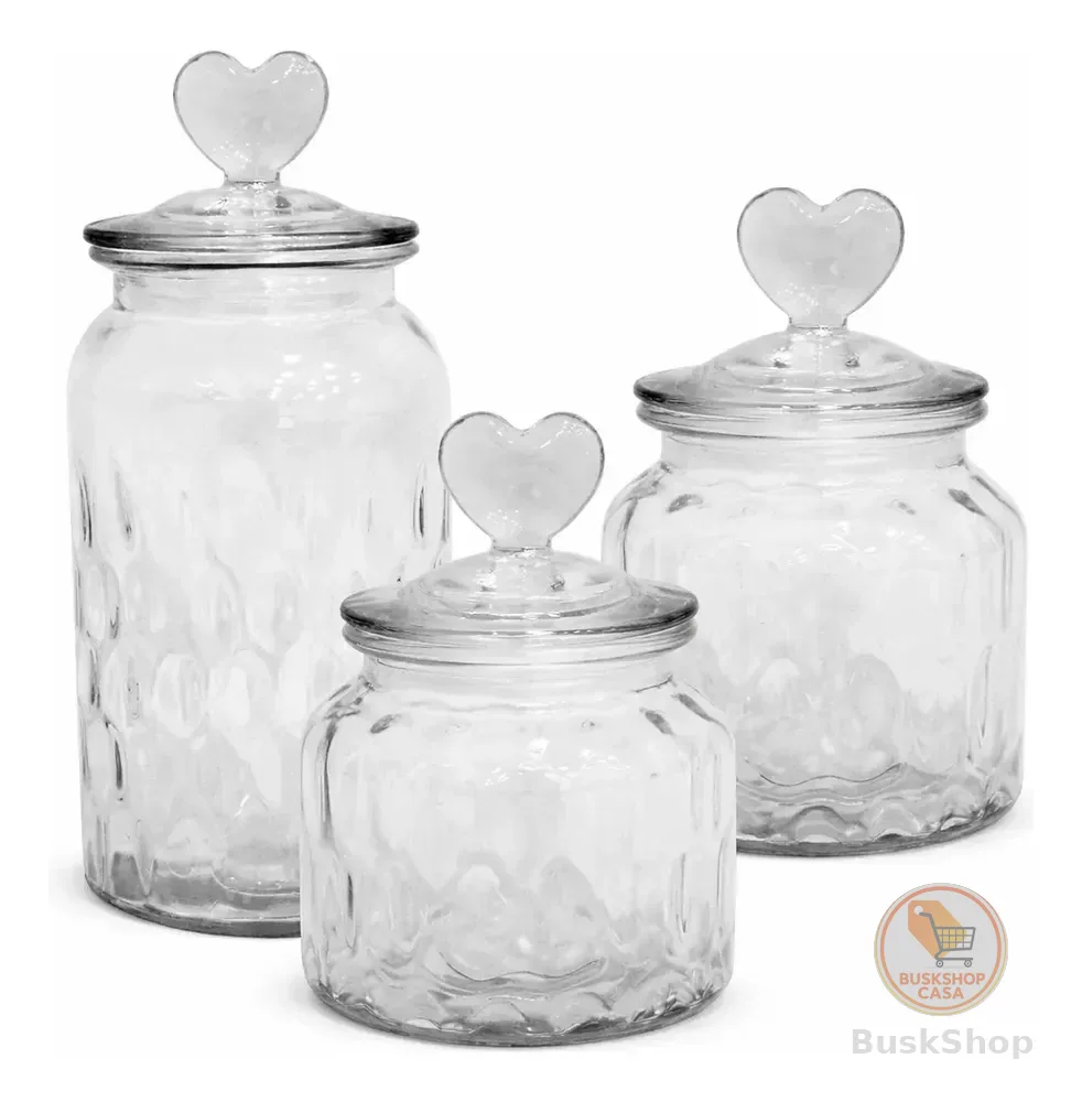 Kit 3 Potes De Vidro Com Tampa Coração Transparente Transparente