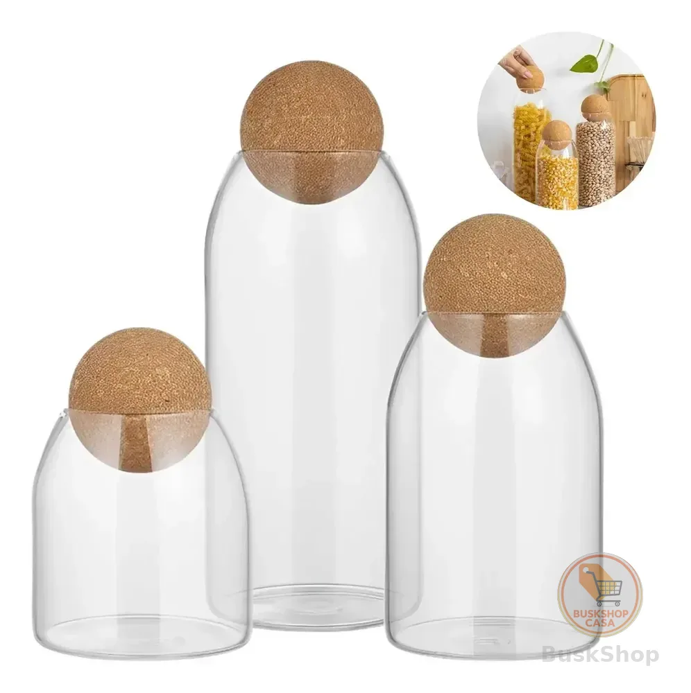 Kit 3 Potes Herméticos Luxo Vidro E Cortiça Para Mantimentos Transparente