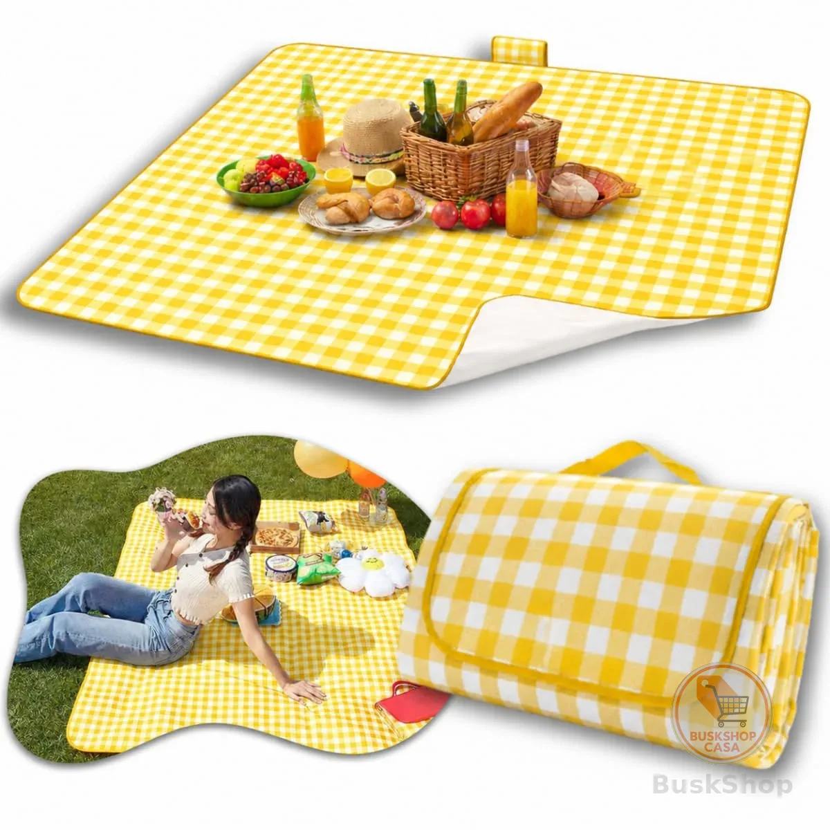 Tapete para Piquenique Impermeável Dobrável Grande 200x200cm com Alça, À Prova de Água, Fácil de Carregar, Ideal para Parque, Praia e Passeios ao Ar Livre – Qualidade Premium LNSTORE (Amarelo)