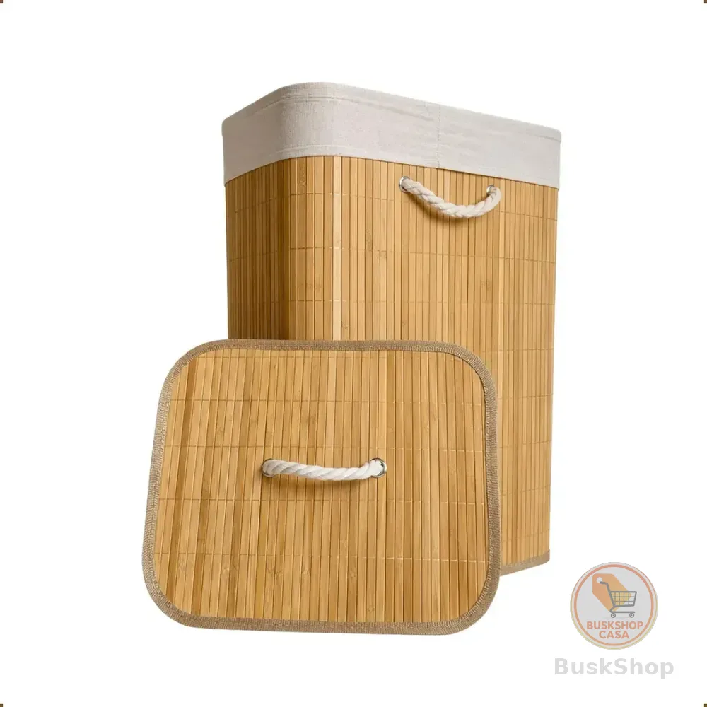 Cesto de Roupa Bambu Retangular de 72L com Tampa e Forro de Linho