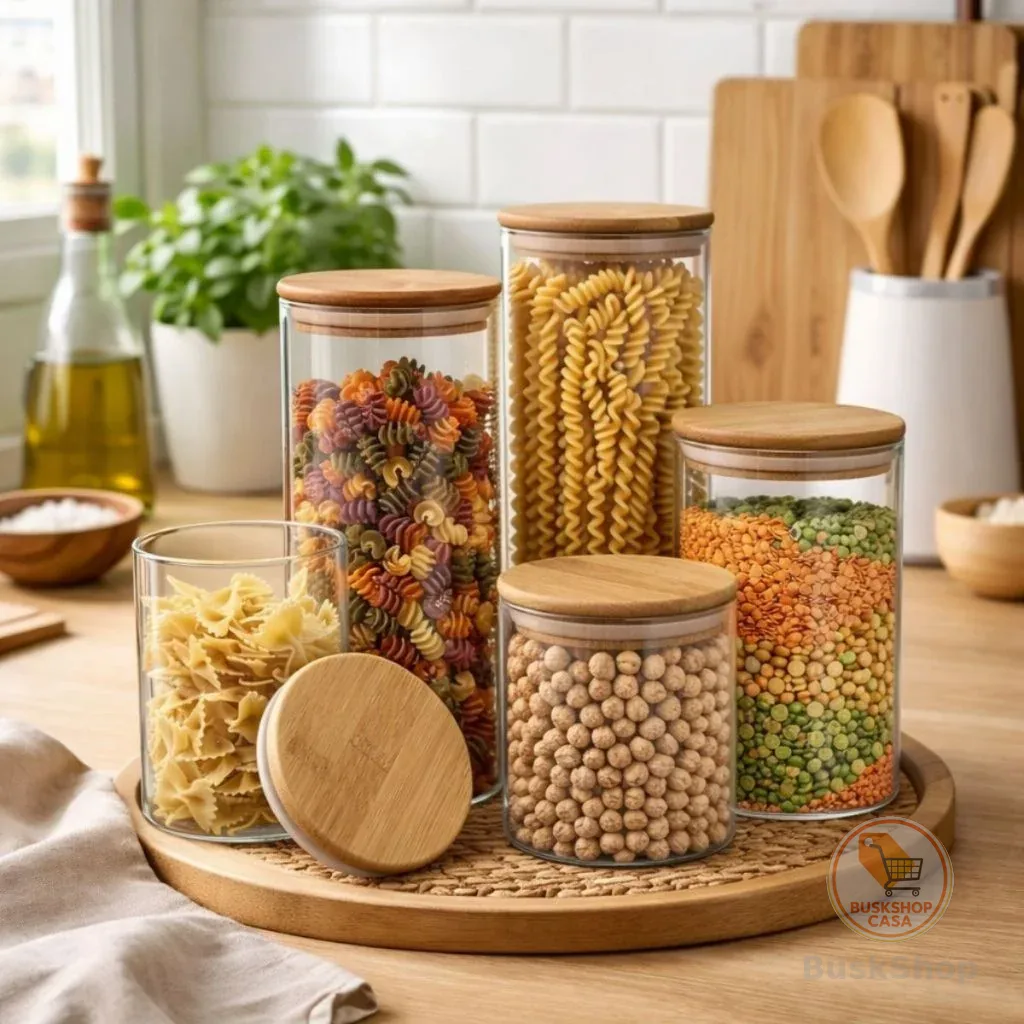 Conjunto 5 Potes Grande Organizador Hermético Vidro Em Bambu