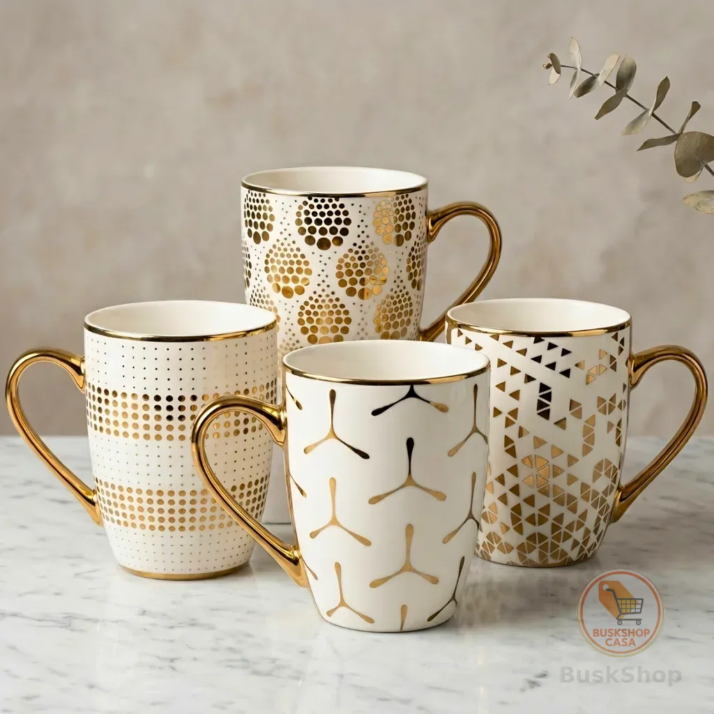 kit c/ 4 canecas com estampas, dourada, cerâmica - geométrica,  350ml, c/ alça, resistente, sortida