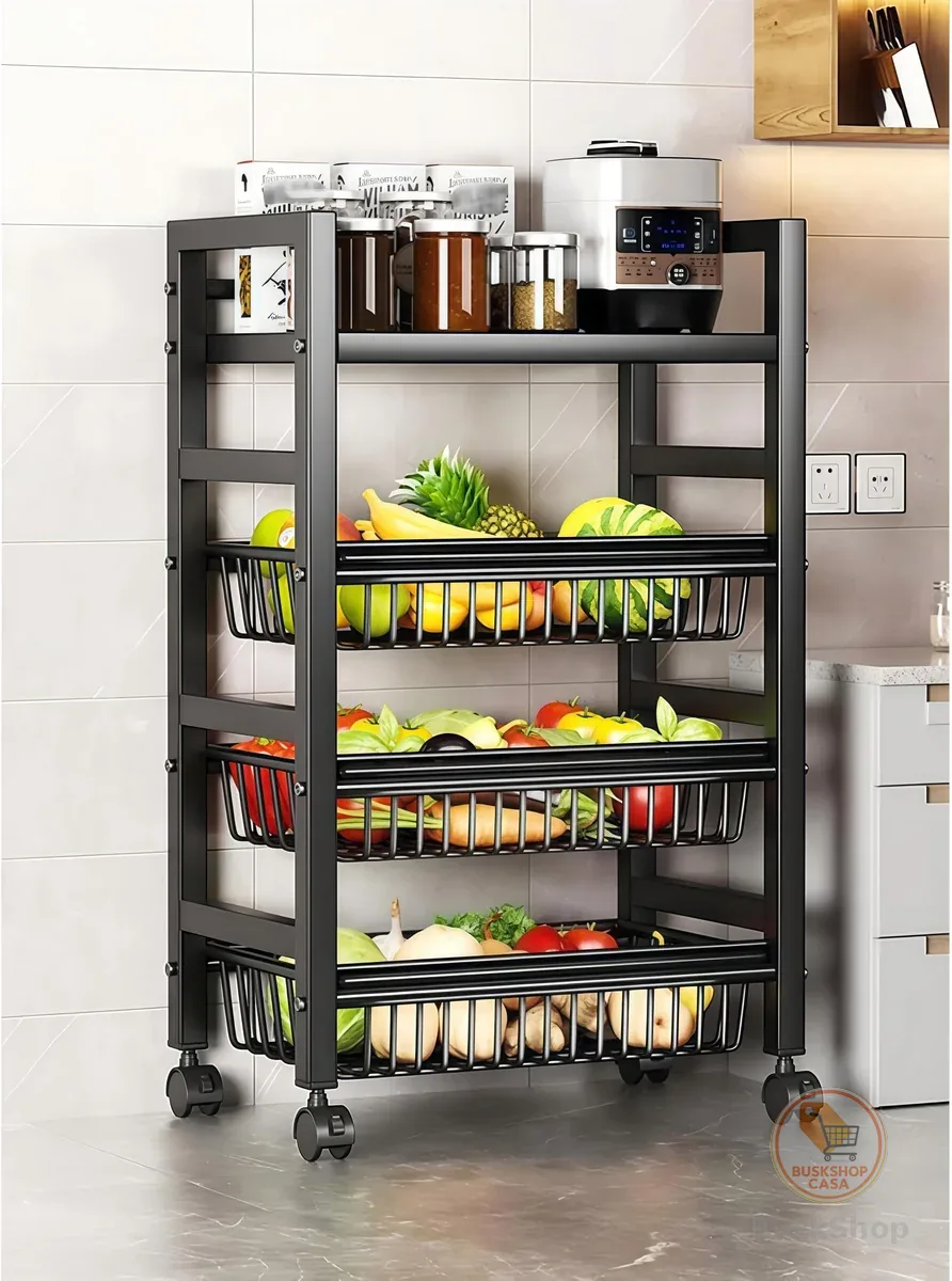 Carrinho de Armazenamento de Cozinha com Rodinhas, Suporte de Metal para Frutas e Vegetais com Cesto Removível, Suporte para Carrinho com Rodas para Lanches e Micro-ondas (98 * 58 * 33CM)