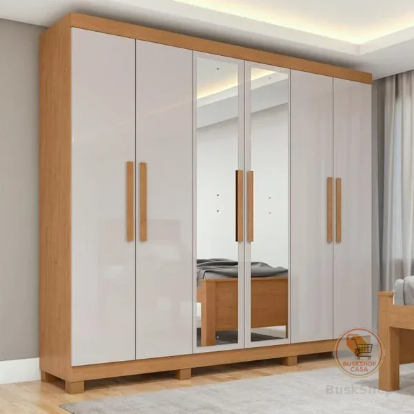 Guarda Roupa Casal 6 Portas Easy Slim com Espelho e Pés Amendoa/Off White