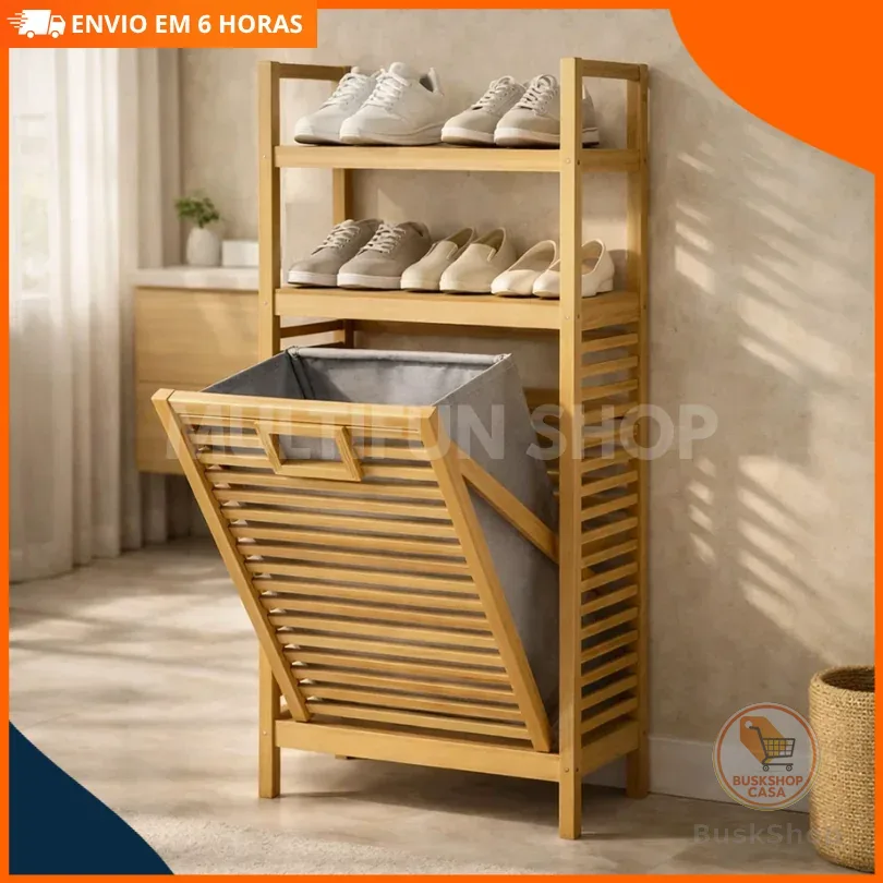 SAPATEIRA ORGANIZADOR DE SAPATOS COM CESTO FEITO EM BAMBU  - MULTIFUNCIONAL IDEAL PARA BANHEIRO QUARTO LAVANDERIA