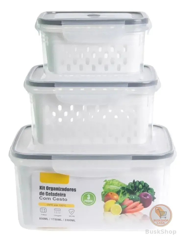Kit 3 Potes Organizador De Geladeira Armário Tampa Hermética