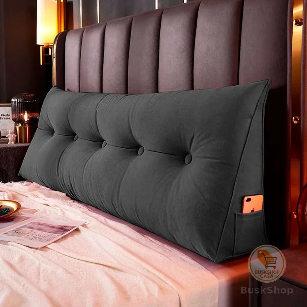 Almofada Cabeceira 160cm Estofada Suede com Bolso Porta Celular Apoio Lombar Cama Box Casal Queen