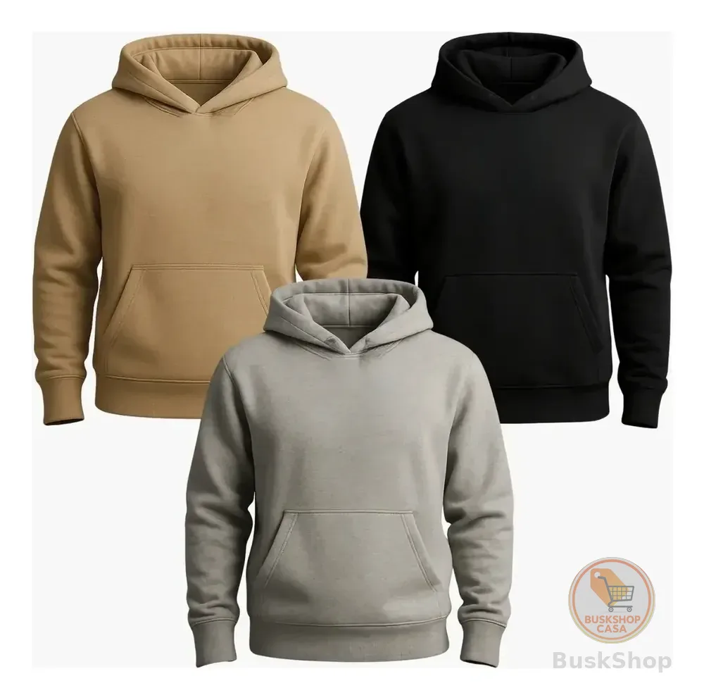 Kit 3 Abrigo Moletom Adulto Capuz Jaqueta Canguru Liso Frio M Kit Bege / Preto / Cinza