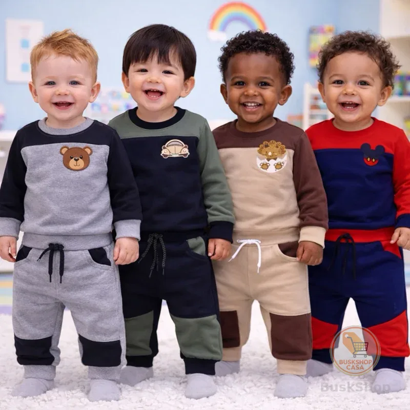 Conjunto Moletom 2 cores Flanelado Bebê MENINO Calca e Blusa– inverno - RN ao 2 Anos