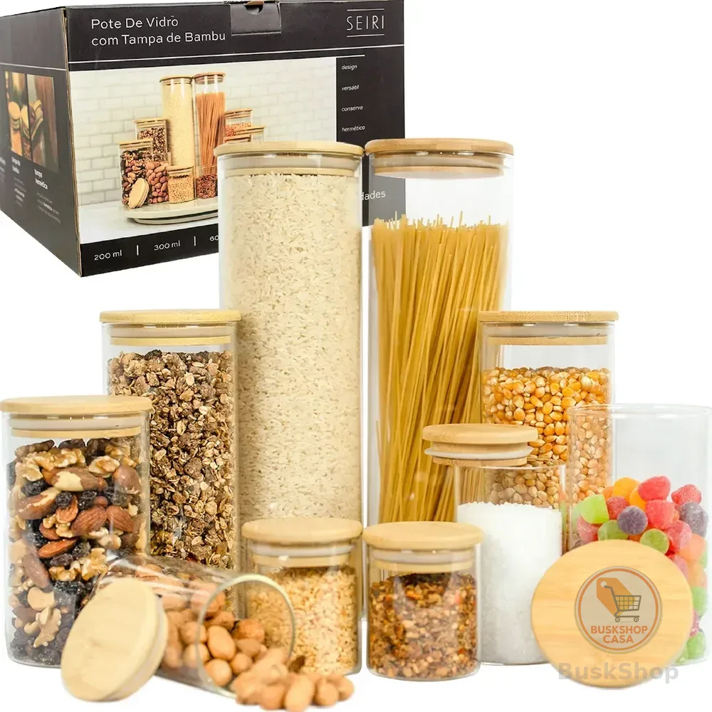 Kit 10 Potes Herméticos Vidro Tampa Bambu Seiri Para Mantimentos Cozinha