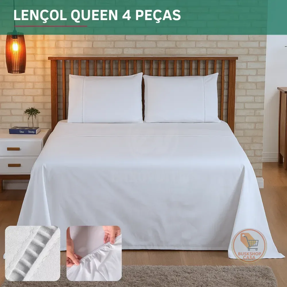 Kit Jogo De Cama Queen 4 Peças Percal 400 Fios Cor Branco Premium