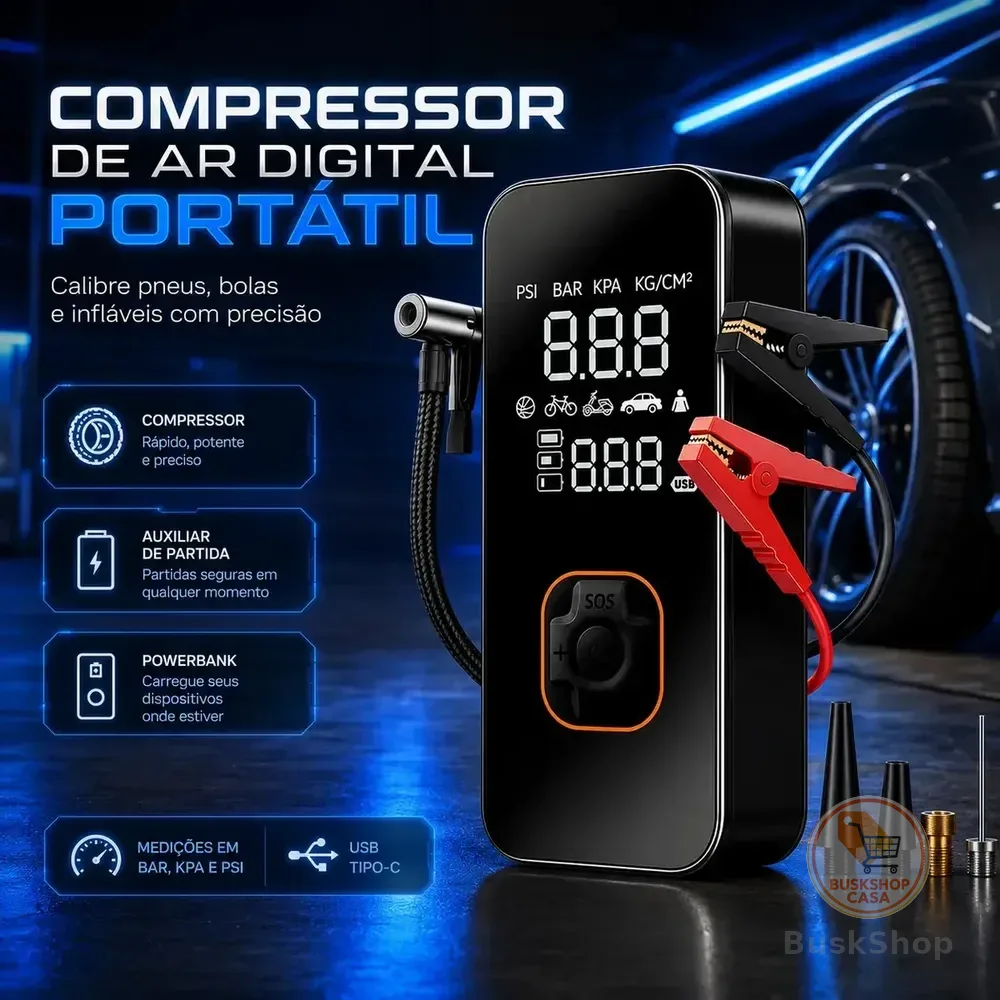 Bomba Elétrica Portátil Digital Para Encher Pneu De Carro Moto Bicicleta Inflador Automotivo Cor Preto