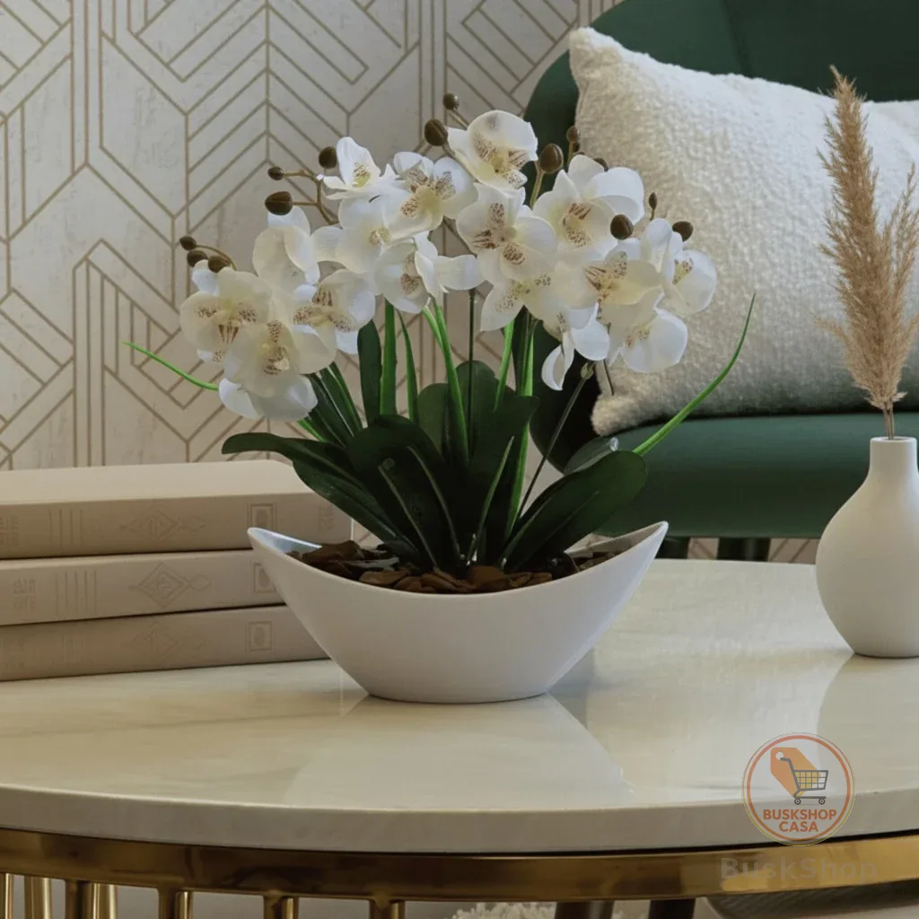 Arranjo de Orquídea Artificial Planta Decorativa Vaso e Casca Polida