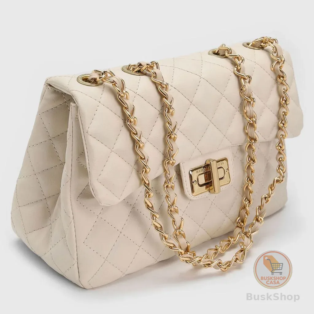 Bolsa Feminina Corrente Transversal Ombro Matelassê Lateral Off-White e Preta