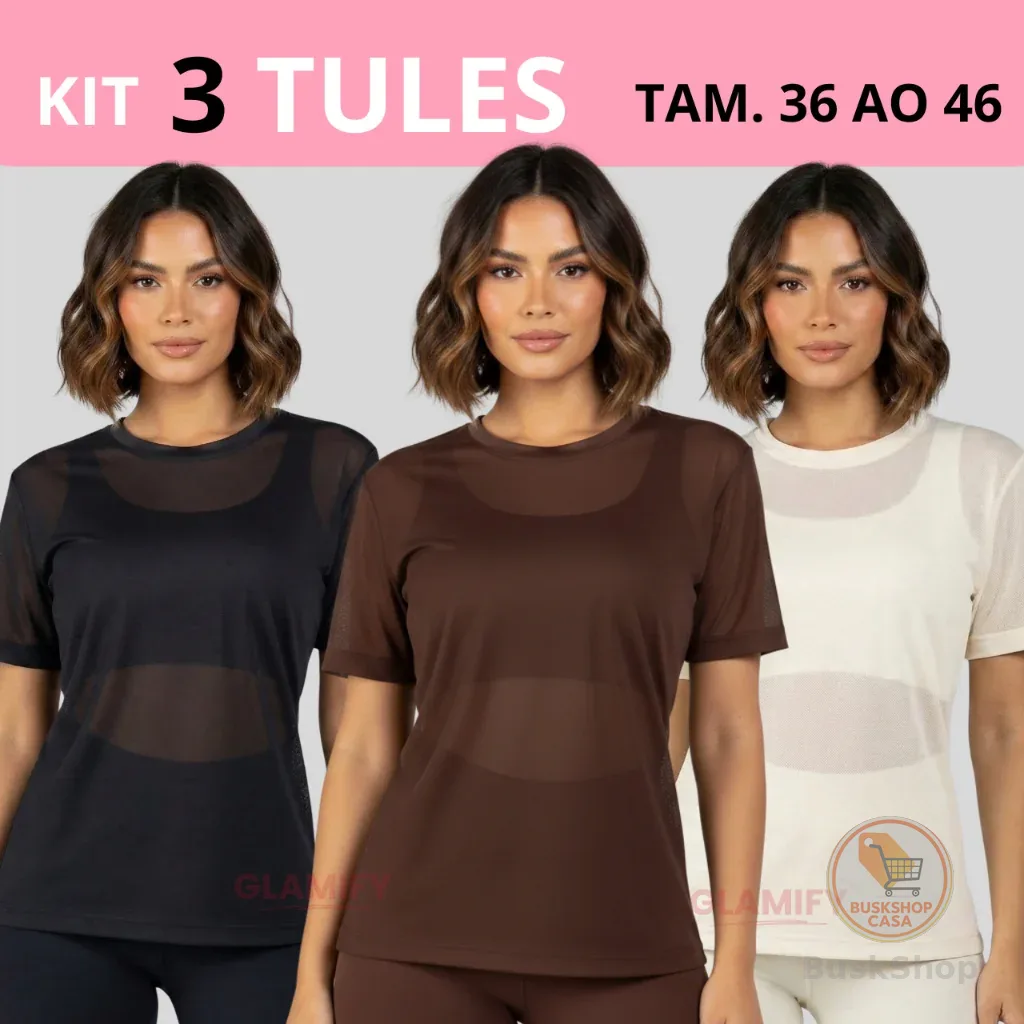 Kit 3 Blusa Tule Feminina Transparente de Academia Manga Curta Camisão Fitness Camiseta Treino