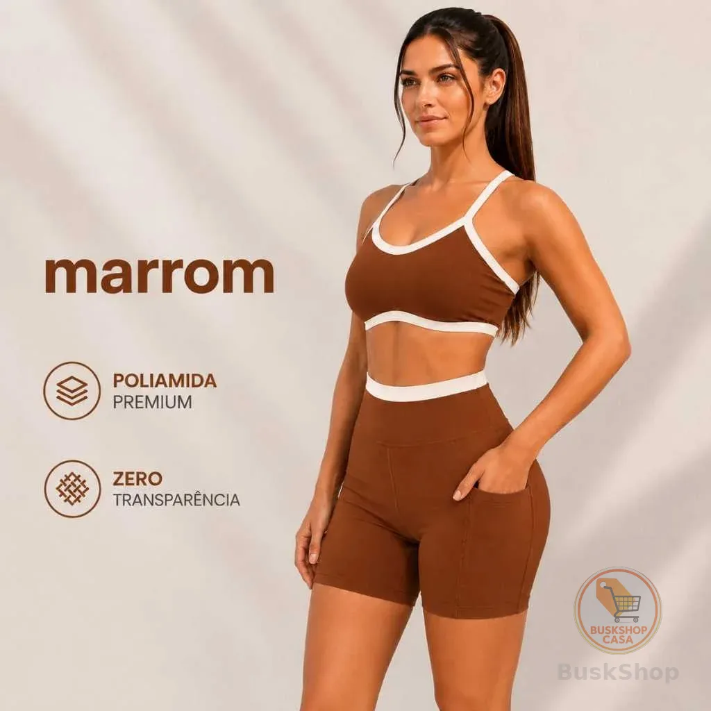 Conjunto Fitness Poliamida Premium Top Biquini e Shorts com Bolso Cós Alto Sem Transparência