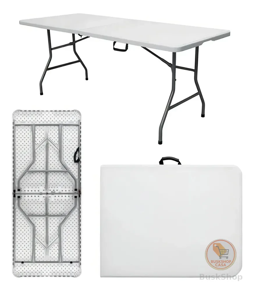 Mesa Dobrável Vira Maleta Com Alça Portátil 1.80m Para Camping Pesca Jardim Área Externa Ou Interna Salão De Festas Gourmet Cor BrancoLuvinco