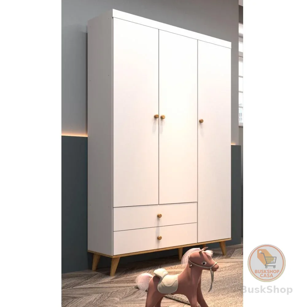 Guarda Roupa Infantil Retrô 3 Portas com Gavetas Lígia Branco Fosco com Bétula Carolina Baby