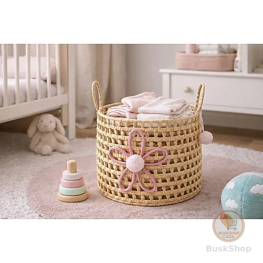 Cesto Organizador com Alças Infantil em Palha Natural Flor 35x25