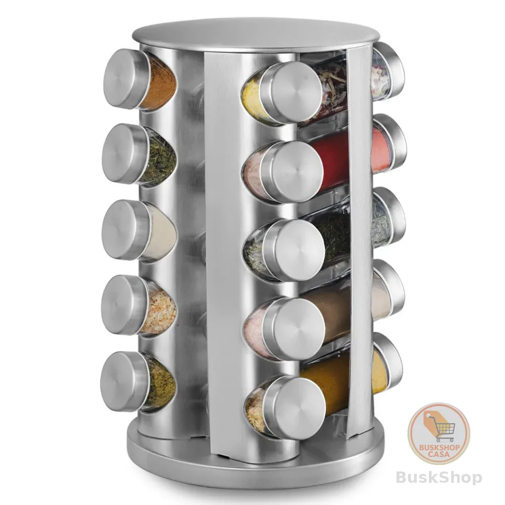 Porta Tempero Giratório 20 Potes Vidro e Inox Organizador de Condimentos Cozinha 360°