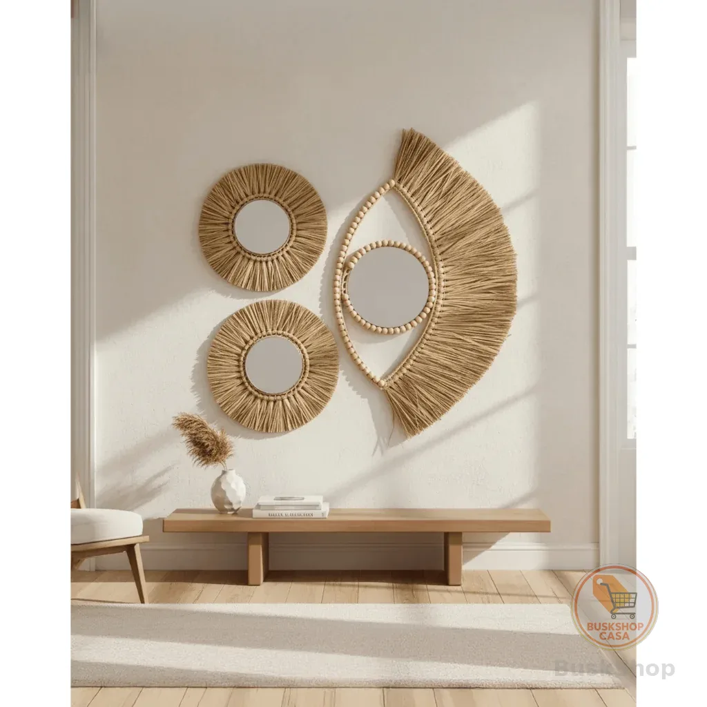 Decoração Boho Chic Praia 3 Espelhos Redondos Palha Natural Composição de parede 74x72
