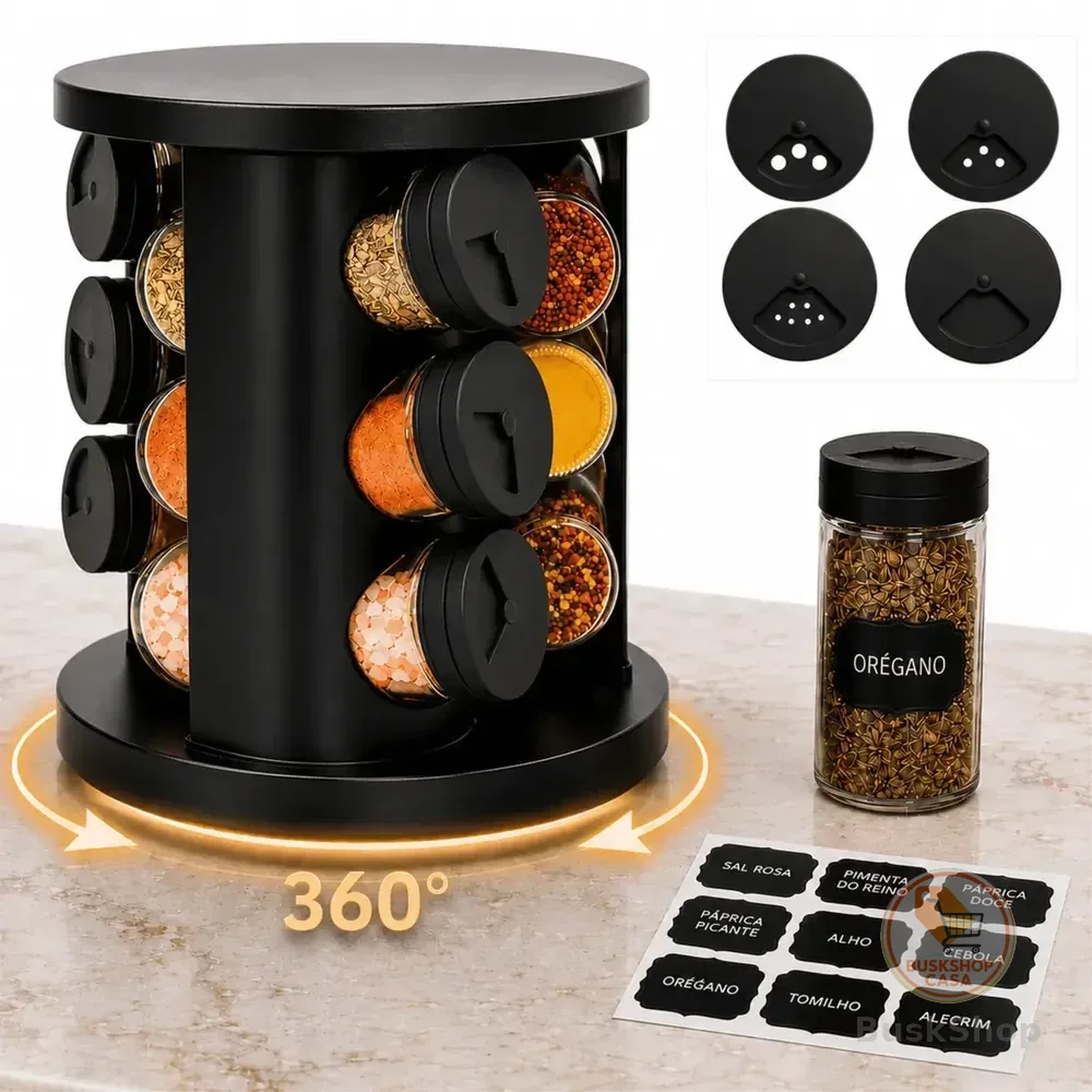 Porta Temperos Condimentos 9 Potes De Vidro Base Giratória 360° 9 Etiquetas Adesiva Organizador Cozinha Dosador Suporte Bancada Mesa Orégano Sal Páprica Pimenta Indue Variedades