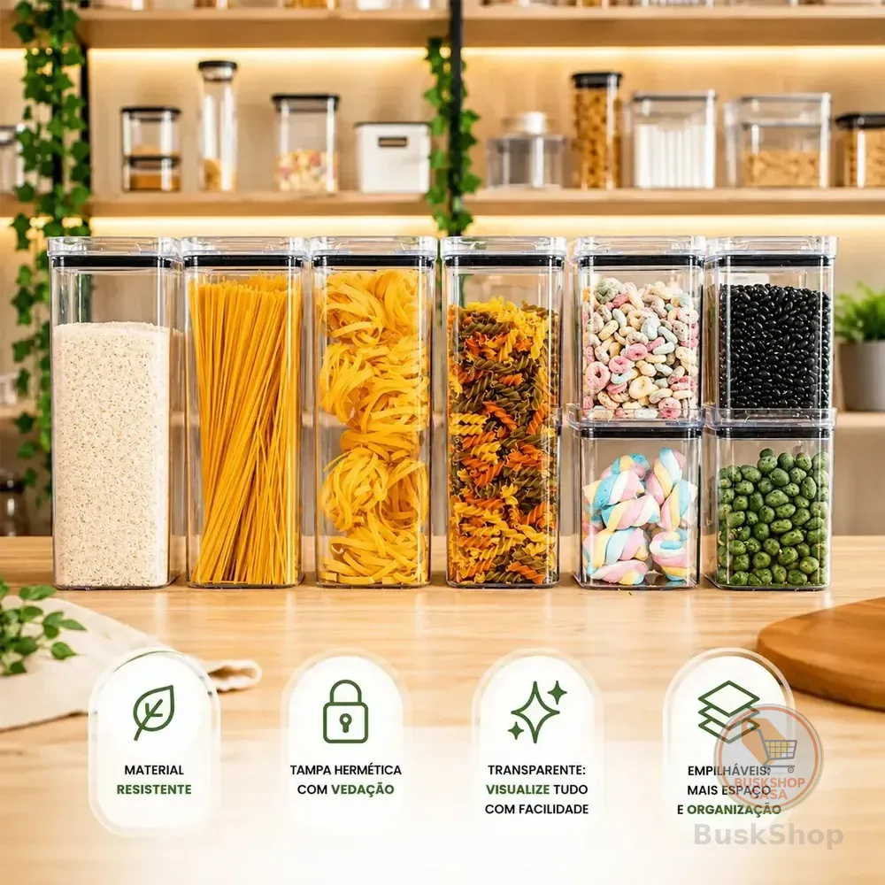 Kit 8 Potes Herméticos Mantimentos Quadrado Cozinha Tampa Vedação Hermética Amobox