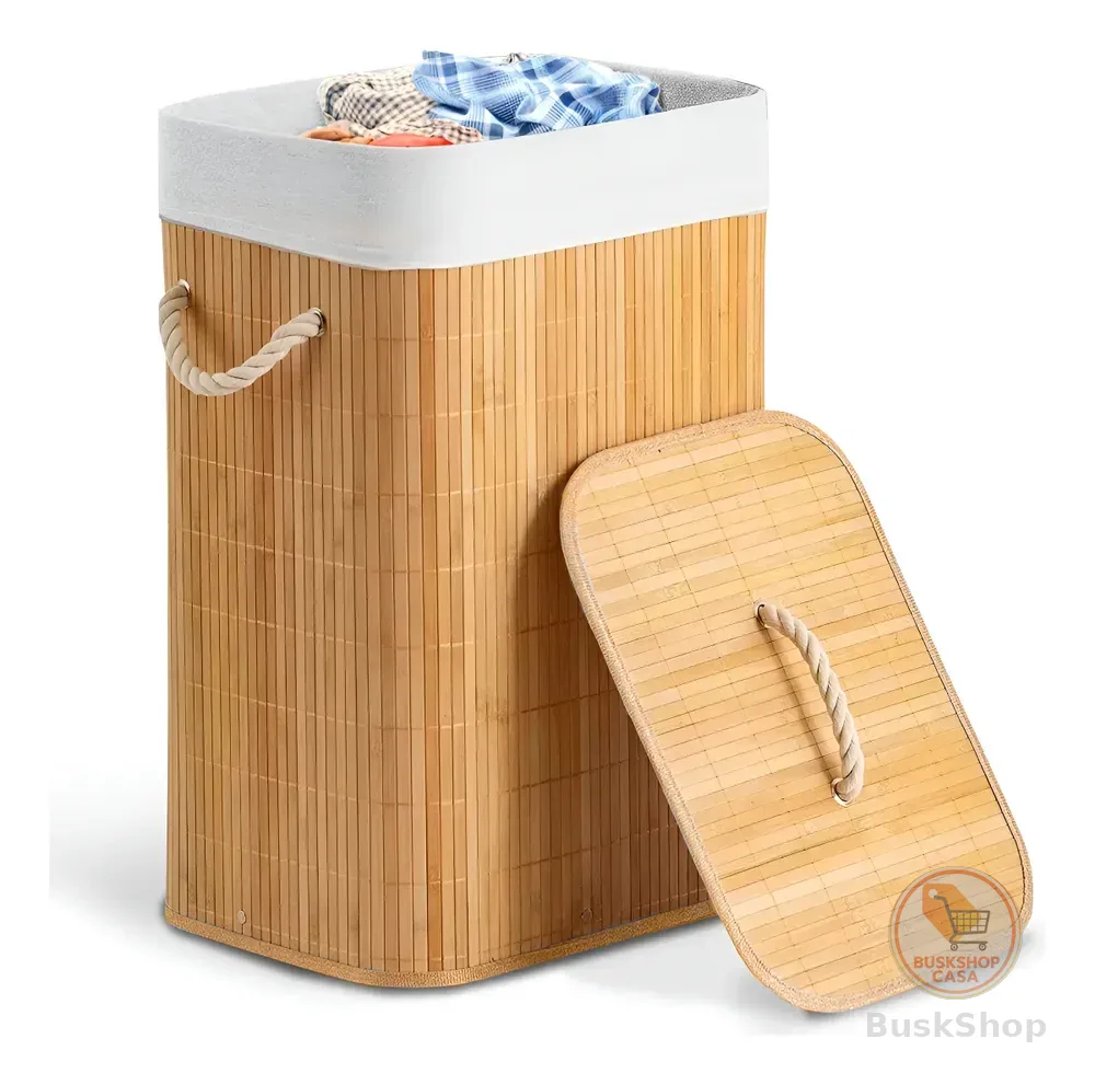 Cesto de Roupa Bege 70L Dobrável Bambu Com Tampa Casa Uno