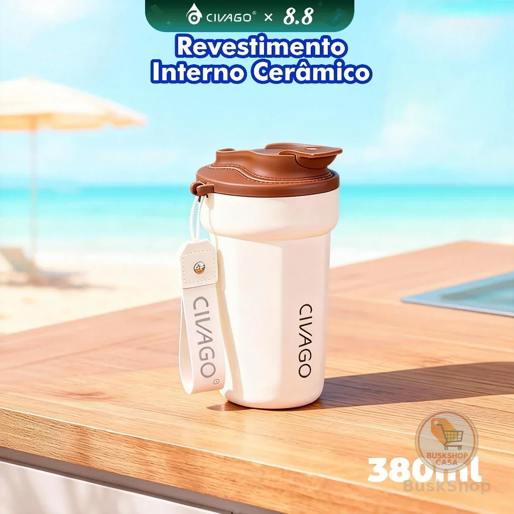 CIVAGO Copo Térmico 380ml inox Portátil com Revestimento Interior Cerâmica Quente/Frio Antivazamento