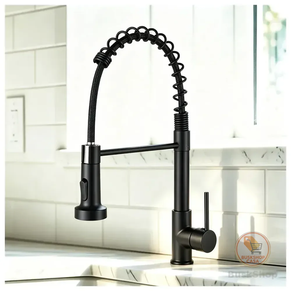 Torneira Cozinha Monocomando com Mola Flexível e Giro 360° Gourmet Alta Pressão Água Fria e Quente em Aço Inoxidável Acabamento Preto Fosco Montagem em Bancada