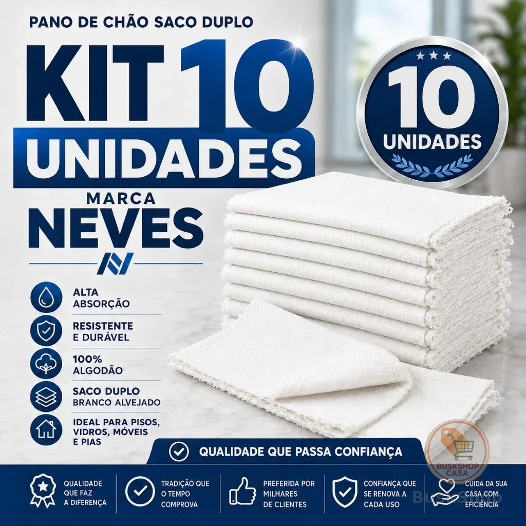 Kit Com 10 Pano De Chão Grande Branco 45x70 Cm Branco Neves Duplo 70 Gramas Saco Alvejado Grande