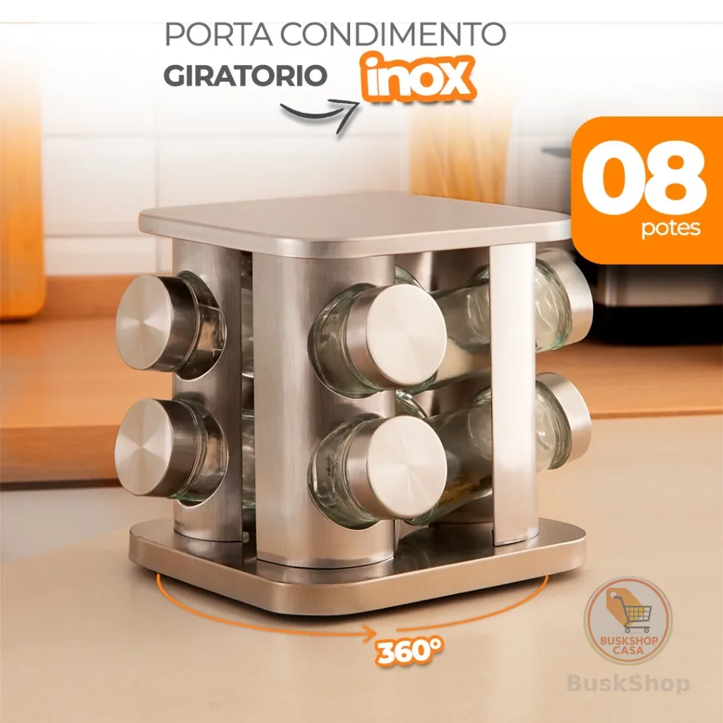Porta Condimentos Giratório Inox 8 Potes – Quadrado – Base 360° Organizador de Cozinha