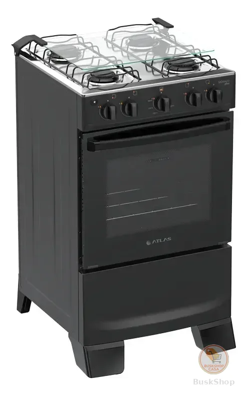 Fogão 4 Bocas Atlas Mônaco Plus com Mesa de Inox Automático Preto Bivolt